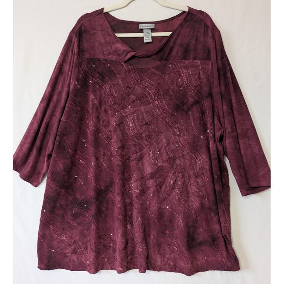 Catherines Womens Burgundy Sequin Embroidered Twist‎ Neck Top Size 3X Wimsygoth - Picture 1 of 8
